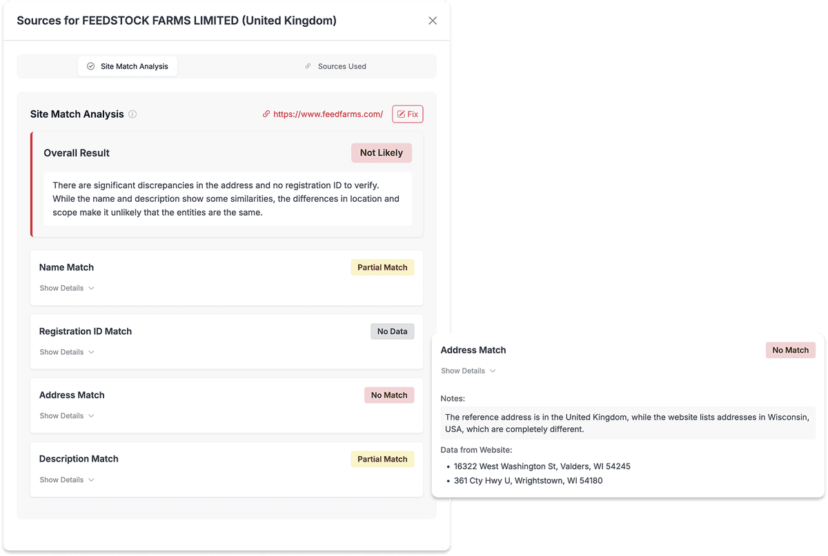 Site Match Analysis interface