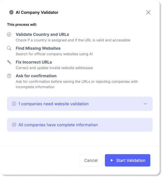 Website validation interface